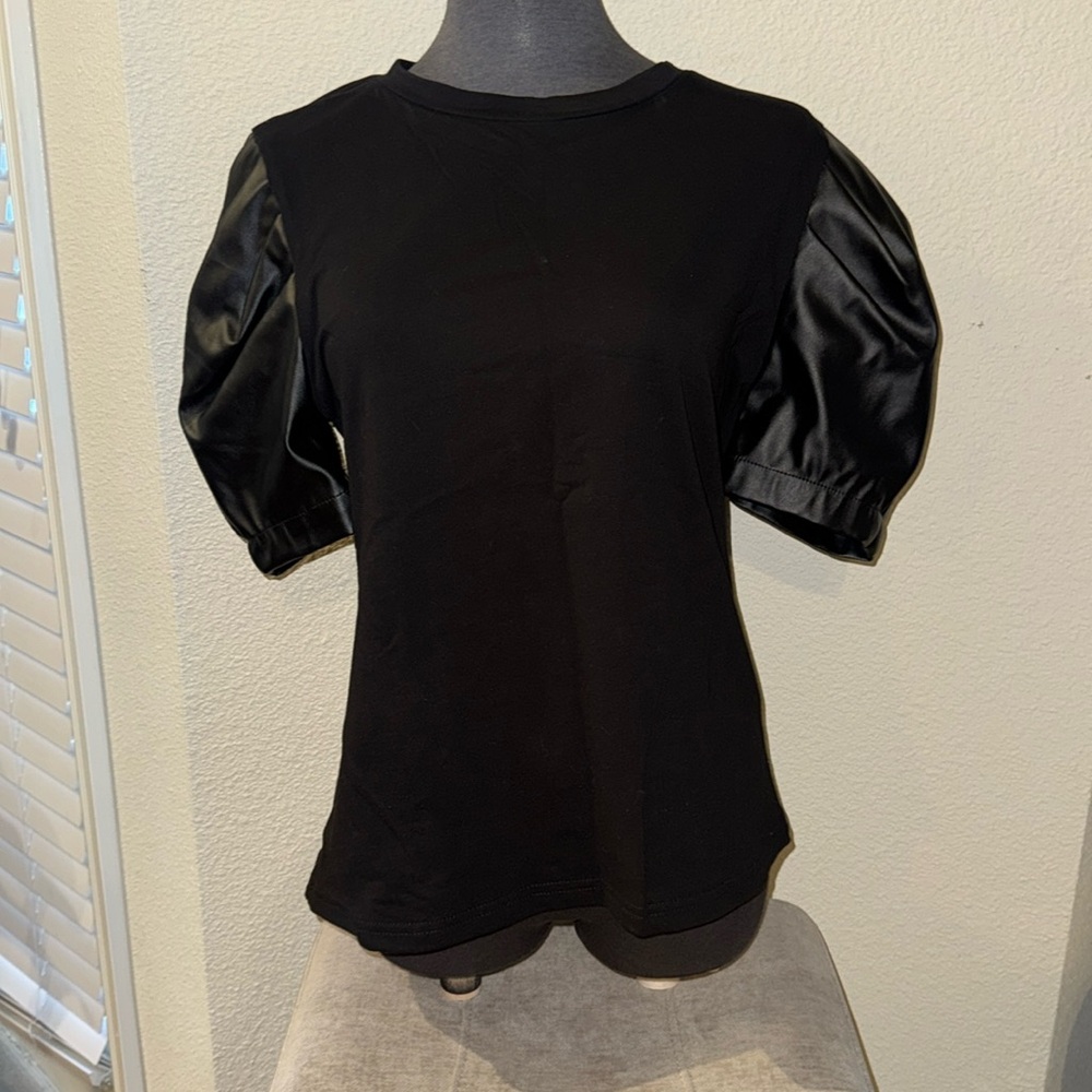 Black T-shirt, with faux leather sleeves